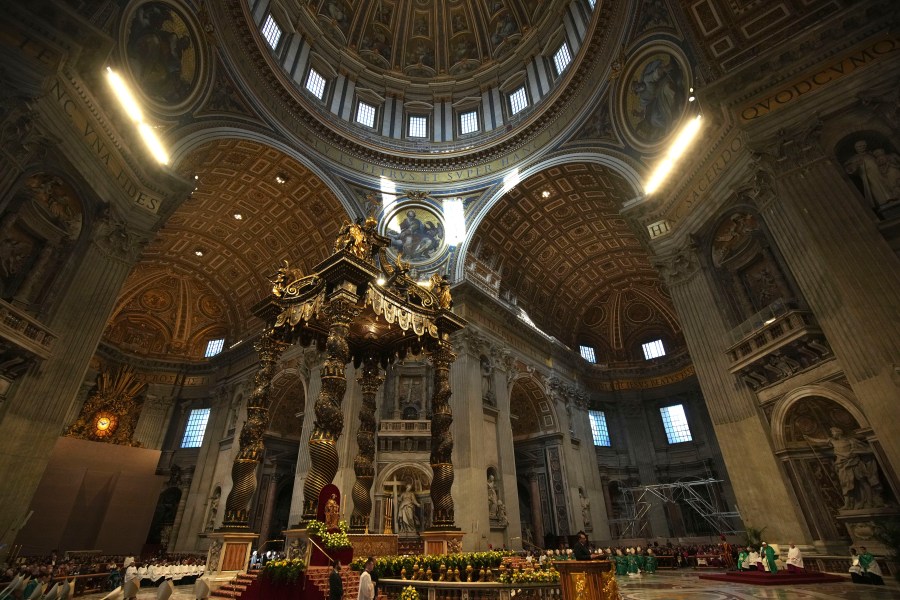 A view of St. Peter's Basilica as Pope Francis presides over a mass on the occasion of the World Day of the Poor, at the Vatican, Sunday, Nov. 17, 2024. (AP Photo/Alessandra Tarantino)