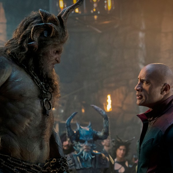 This image released by Prime shows Kristofer Hivju, left, and Dwayne Johnson in a scene from "Red One." (Frank Masi/Prime via AP)