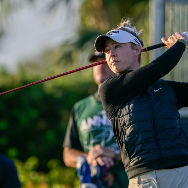 Nelly Korda watches her drive on the first hole during the first round of The Annika golf tournament at Pelican Golf Club, Thursday, Nov. 14, 2024, in Belleair, Fla. (AP Photo/Steve Nesius)