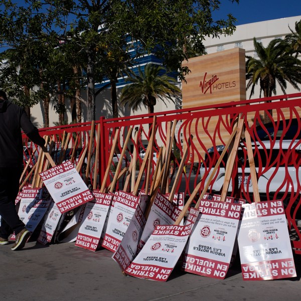 Members of the Culinary Workers Union picket in front of the Virgin Hotels Las Vegas, Friday, Nov. 15, 2024, in Las Vegas. (AP Photo/John Locher)