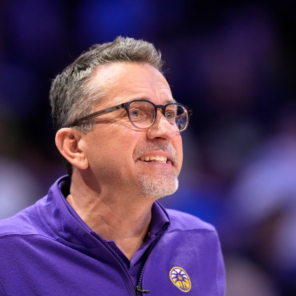 FILE - Los Angeles Sparks head coach Curt Miller instructs his team during a WNBA basketball game against the Dallas Wings in Arlington, Texas, Saturday, July 13, 2024. (AP Photo/Tony Gutierrez)