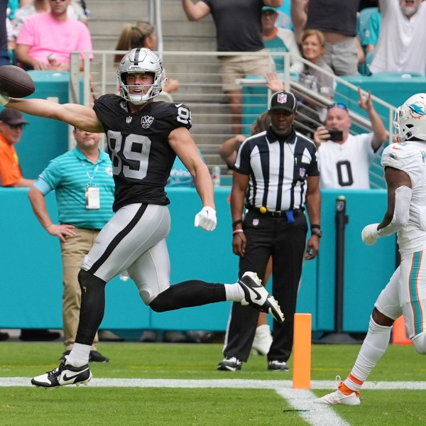 Las Vegas Raiders tight end Brock Bowers (89) scores a touchdown during the second half of an NFL football game against the Miami Dolphins, Sunday, Nov. 17, 2024, in Miami Gardens, Fla. (AP Photo/Rebecca Blackwell)