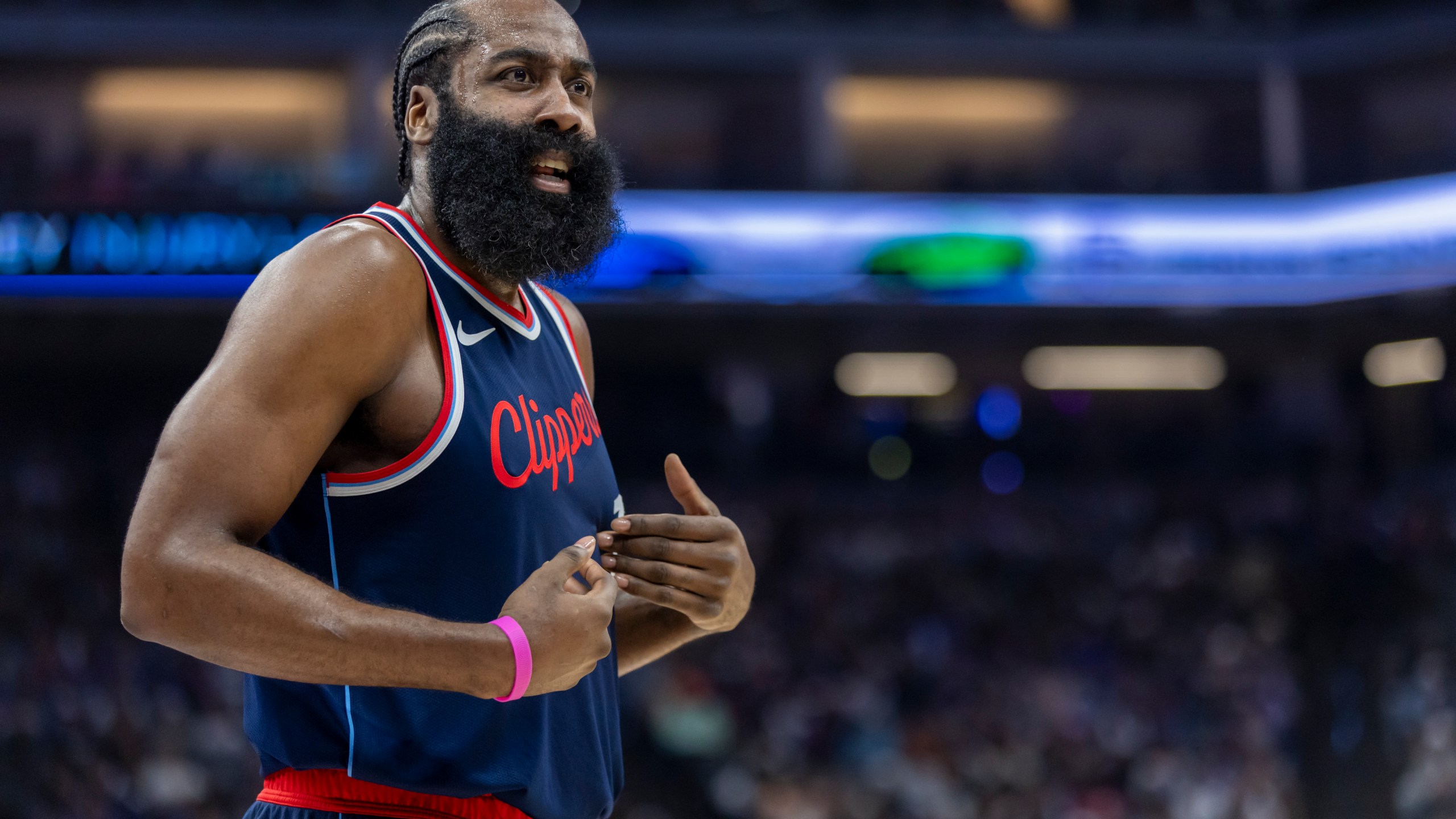 Los Angeles Clippers guard James Harden reacts to a call during the first half of an NBA basketball game against the Sacramento Kings Friday, Nov. 8, 2024, in Sacramento, Calif. (AP Photo/Sara Nevis)