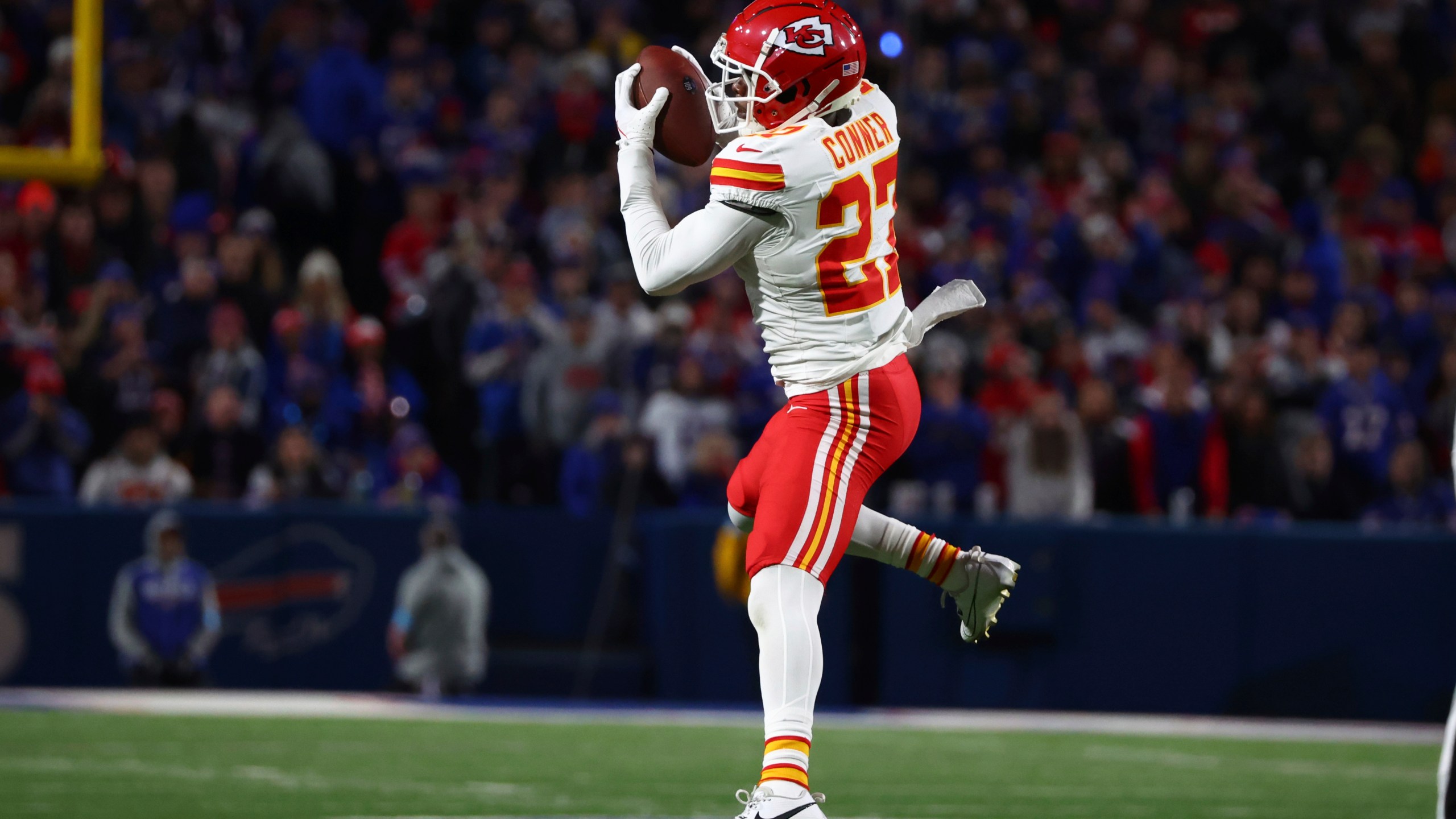 Kansas City Chiefs defensive back Chamarri Conner (27) intercepts a pass during the first half of an NFL football game against the Buffalo Bills Sunday, Nov. 17, 2024, in Orchard Park, N.Y. (AP Photo/Jeffrey T. Barnes)