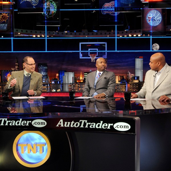 FILE - Inside the NBA host Ernie Johnson Jr., left, and analysts Kenny Smith, center, and Charles Barkley speak on the set at the TNT studios in Atlanta, Feb. 4, 2010. (AP Photo/Erik S. Lesser, File)