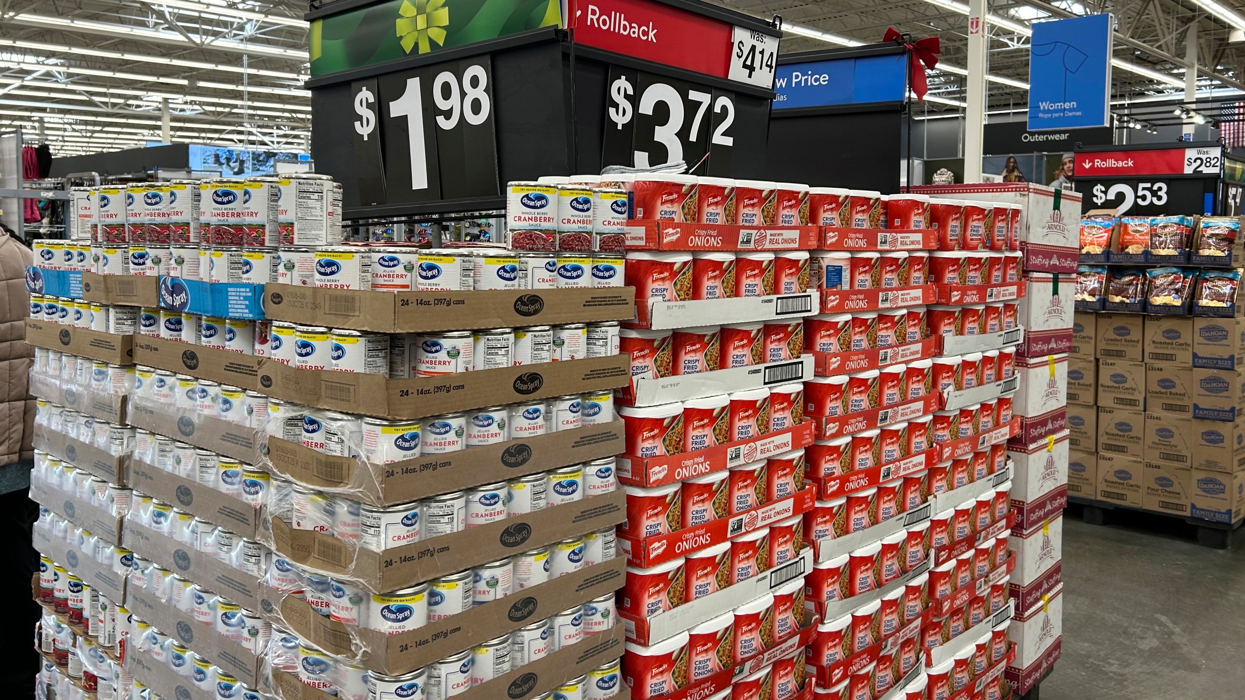 Items to include in holiday dinners are displayed at a Walmart store in Secaucus, N.J., on Wednesday, Nov. 13, 2024. (AP Photo/Anne D'Innocenzio)