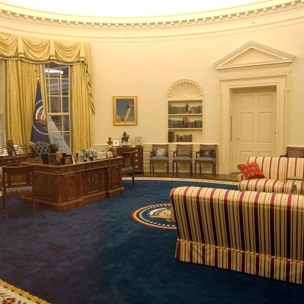 FILE - A replica of the Oval Office as it appeared during the Clinton administration is displayed at the Clinton Presidential Library in Little Rock, Ark., Nov. 17, 2004. (AP Photo/Danny Johnston, File)