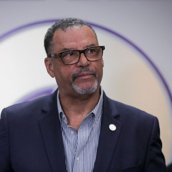 New Orleans City Council member Oliver Thomas shares information about the investigation of Sunday's shootings during a press conference at the NOPD headquarters on Poydras Street in New Orleans, Monday, Nov. 18, 2024. (David Grunfeld/The Times-Picayune/The New Orleans Advocate via AP)