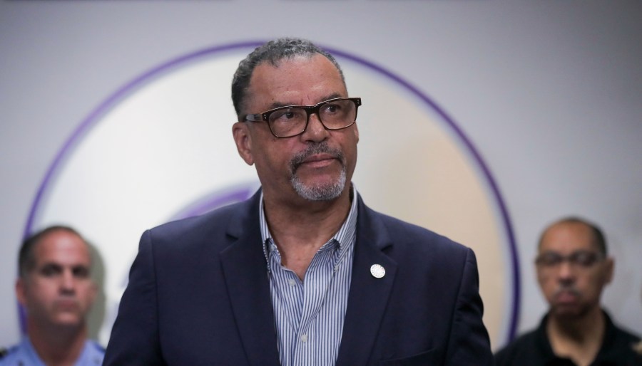 New Orleans City Council member Oliver Thomas shares information about the investigation of Sunday's shootings during a press conference at the NOPD headquarters on Poydras Street in New Orleans, Monday, Nov. 18, 2024. (David Grunfeld/The Times-Picayune/The New Orleans Advocate via AP)