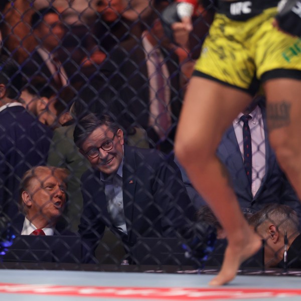 President-elect Donald Trump talks to House Speaker Mike Johnson, R-La., at a UFC 309 mixed martial arts flyweight title bout, Saturday, Nov. 16, 2024, in New York. (AP Photo/Adam Hunger)