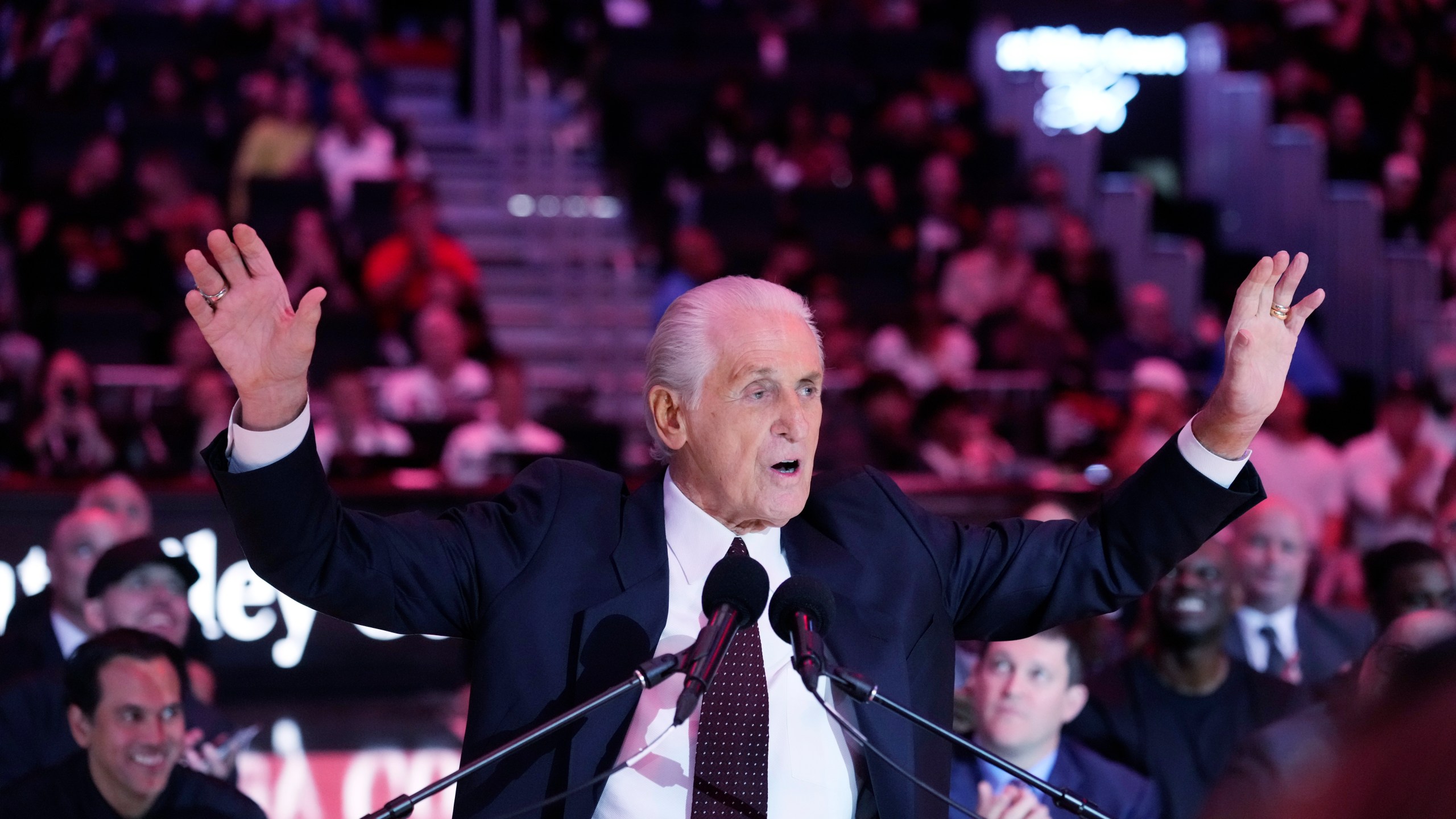 The Miami Heat president Pat Riley speaks during a halftime ceremony to commemorate the start of Riley's 30th season with the franchise, as the Heat unveiled the Pat Riley Court during an NBA basketball game between the Heat and the Orlando Magic, Wednesday, Oct. 23, 2024, in Miami. (AP Photo/Wilfredo Lee)