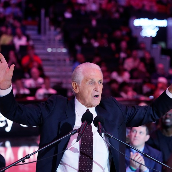 The Miami Heat president Pat Riley speaks during a halftime ceremony to commemorate the start of Riley's 30th season with the franchise, as the Heat unveiled the Pat Riley Court during an NBA basketball game between the Heat and the Orlando Magic, Wednesday, Oct. 23, 2024, in Miami. (AP Photo/Wilfredo Lee)