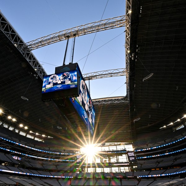 The roof is seen open at AT&T Stadium prior to an NFL football game between the Dallas Cowboys and the Houston Texans, Monday, Nov. 18, 2024, in Arlington. (AP Photo/Jerome Miron)