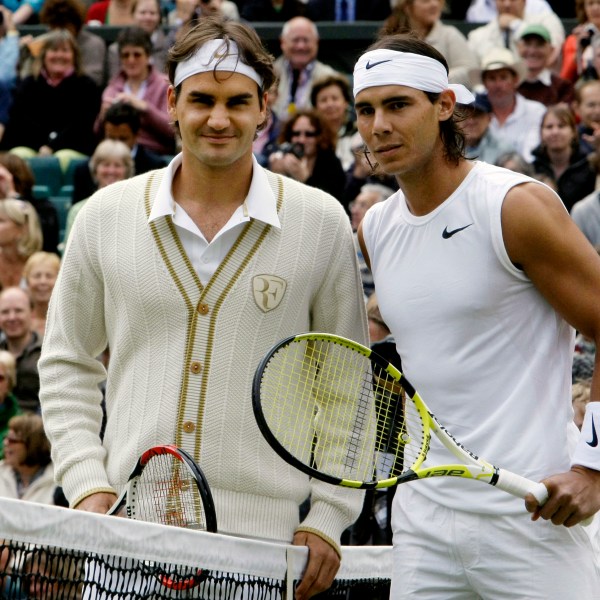 FILE - Switzerland's Roger Federer left, and Spain's Rafael Nadal pose for a photo prior to the start of the men's singles final on the Centre Court at Wimbledon, July 6, 2008 (AP Photo/Anja Niedringhaus, File)