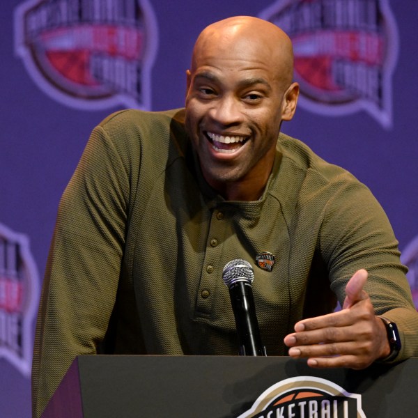 FILE - Basketball Hall of Fame Class of 2024 inductee Vince Carter speaks at a hall of fame news conference at Mohegan Sun, Saturday, Oct. 12, 2024, in Uncasville, Conn. (AP Photo/Jessica Hill, File)