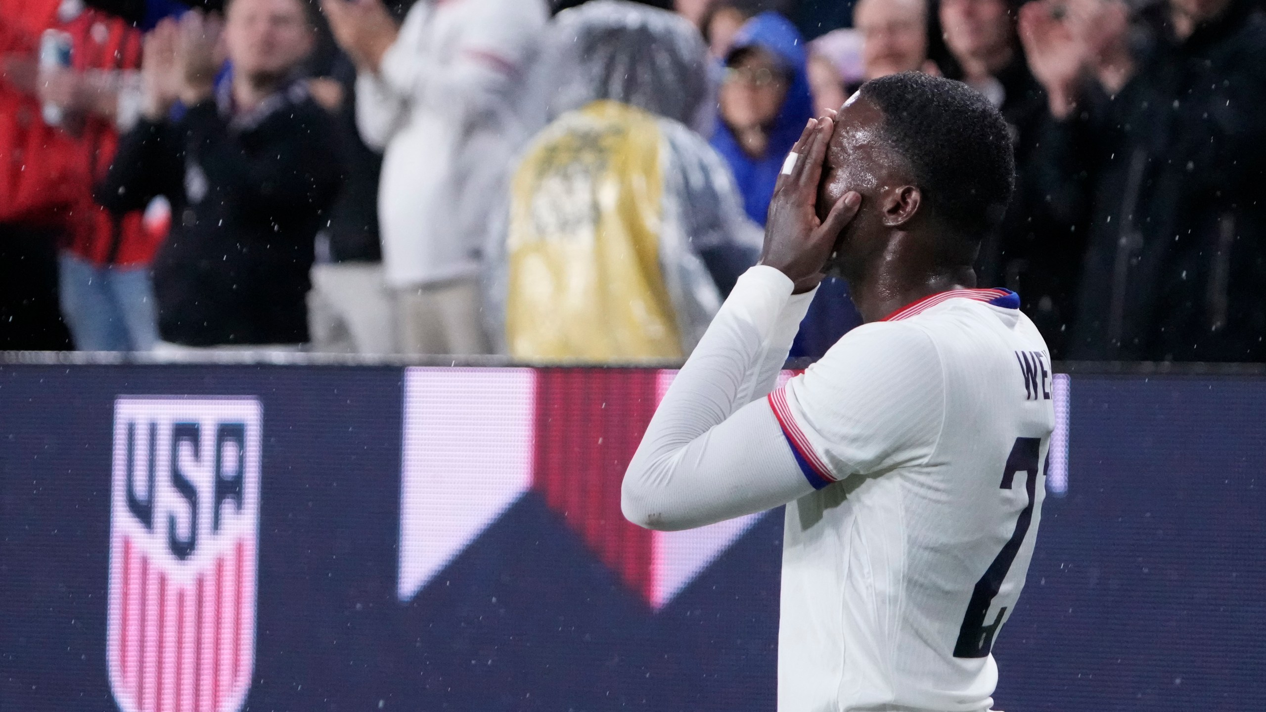 United States' Tim Weah celebrates after scoring during the second half in a CONCACAF Nations League quarterfinal second leg soccer match against Jamaica Monday, Nov. 18, 2024, in St. Louis. (AP Photo/Jeff Roberson)