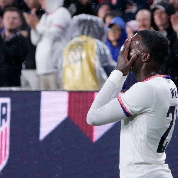 United States' Tim Weah celebrates after scoring during the second half in a CONCACAF Nations League quarterfinal second leg soccer match against Jamaica Monday, Nov. 18, 2024, in St. Louis. (AP Photo/Jeff Roberson)