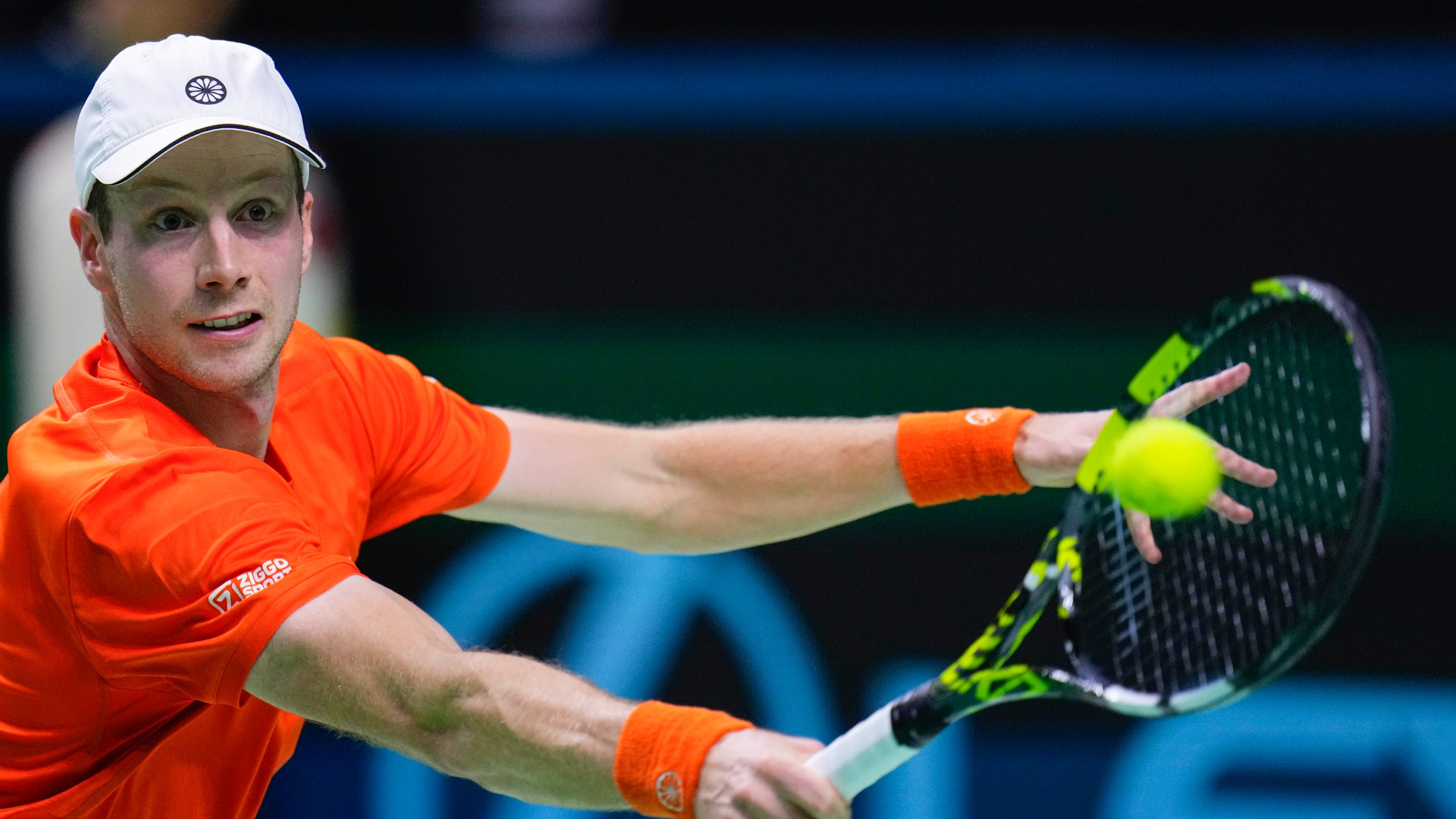 Netherlands' tennis player Botic Van De Zandschulp competes against Spain's Rafael Nadal during a Davis Cup quarterfinal match at Martin Carpena Sports Hall in Malaga, southern Spain, on Tuesday, Nov. 19, 2024. (AP Photo/Manu Fernandez)