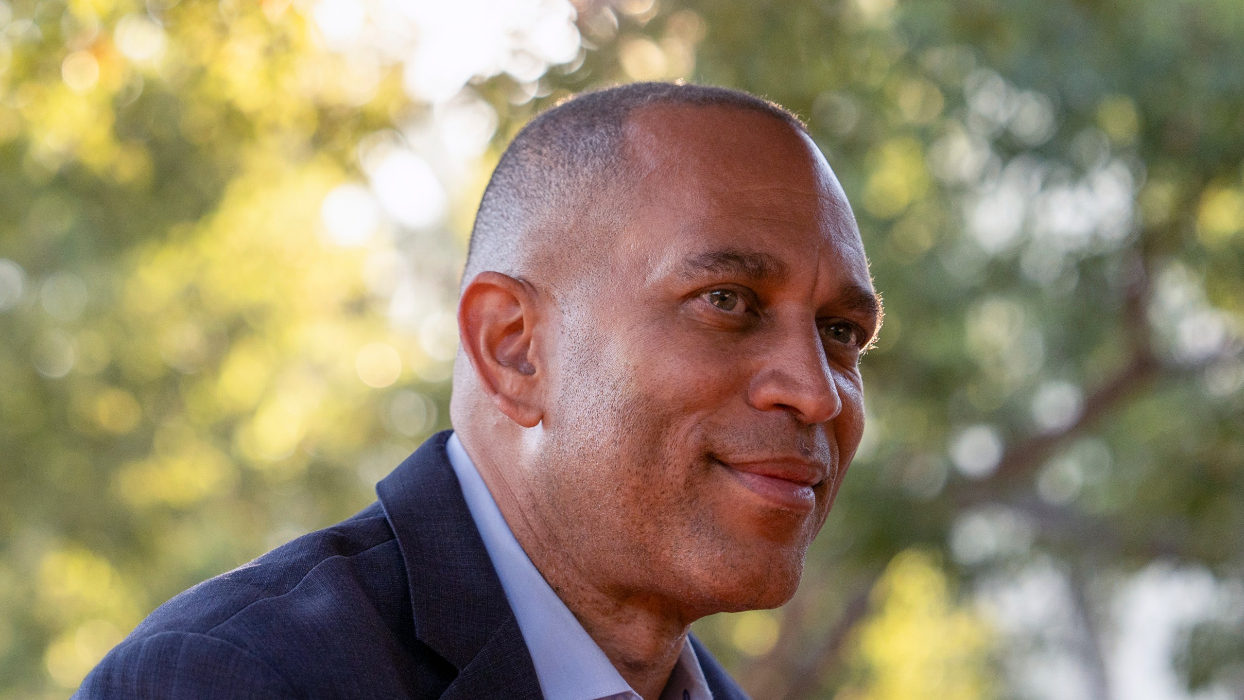 House Minority Leader Hakeem Jeffries, D-N.Y., during an interview with The Associated Press, Saturday, Oct. 12, 2024, in Irvine, Calif. (AP Photo/Julia Demaree Nikhinson)