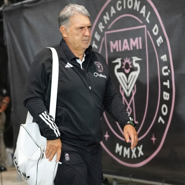 Inter Miami head coach Gerardo "Tata" Martino arrives for an MLS playoff opening round soccer match against the Atlanta United, Saturday, Nov. 9, 2024, in Fort Lauderdale, Fla. (AP Photo/Lynne Sladky)