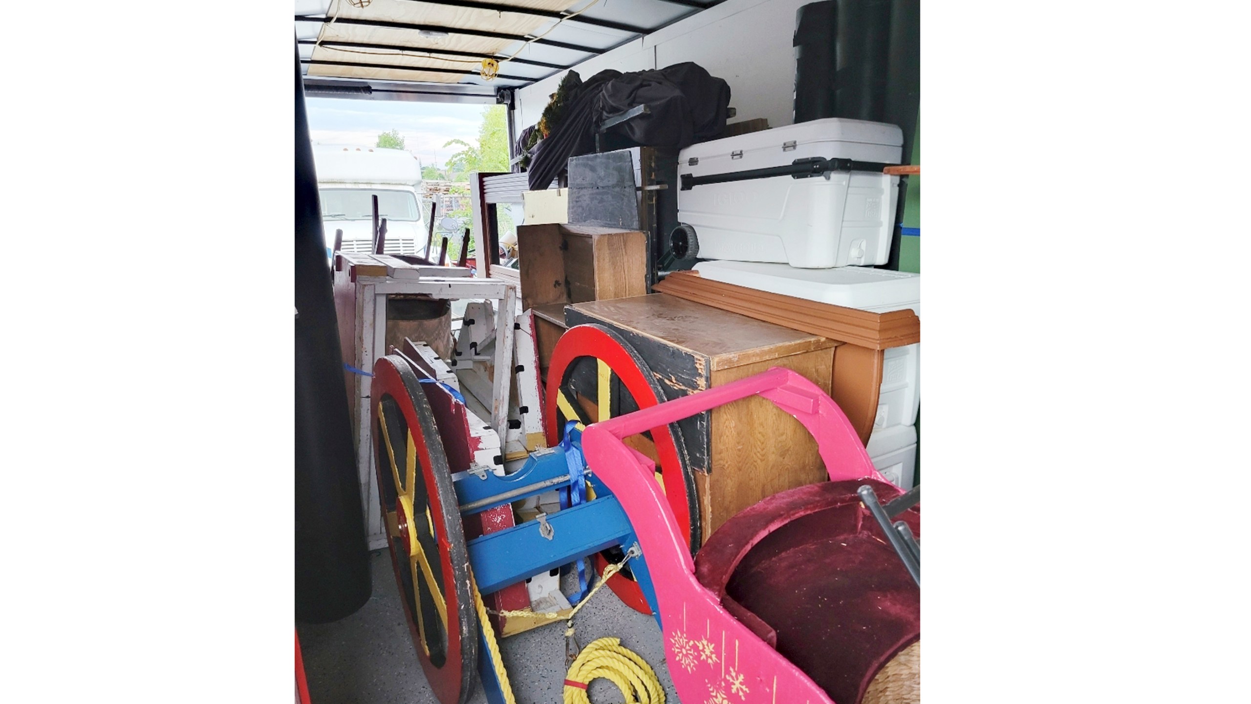 This photo provided by June Smith shows a trailer with props for "The Nutcracker" that was stolen on Nov. 17, 2024, from a suburban Detroit ballet group. (June Smith via AP)