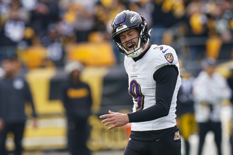 Baltimore Ravens kicker Justin Tucker reacts after missing a second field goal attempt against the Pittsburgh Steelers during the first half of an NFL football game, Sunday, Nov. 17, 2024, in Pittsburgh. (AP Photo/Matt Freed)