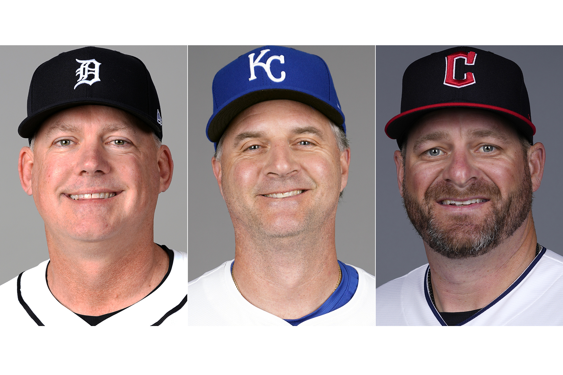 FILE - From left are baseball managers, Detroit Tigers' A.J. Hinch, Kansas City Royals' Matt Quatraro and Cleveland Guardians' Stephen Vogt, in 2024. (AP Photo/File)