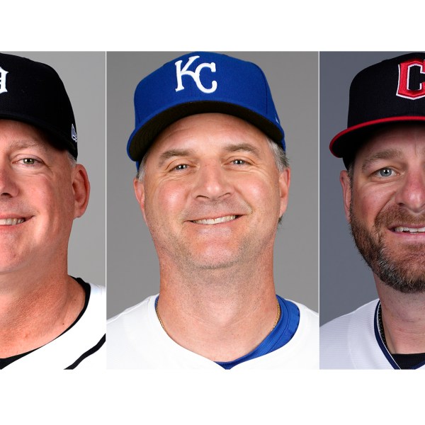 FILE - From left are baseball managers, Detroit Tigers' A.J. Hinch, Kansas City Royals' Matt Quatraro and Cleveland Guardians' Stephen Vogt, in 2024. (AP Photo/File)