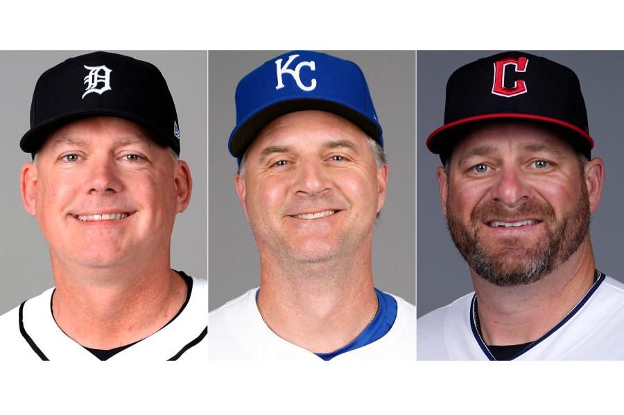 FILE - From left are baseball managers, Detroit Tigers' A.J. Hinch, Kansas City Royals' Matt Quatraro and Cleveland Guardians' Stephen Vogt, in 2024. (AP Photo/File)