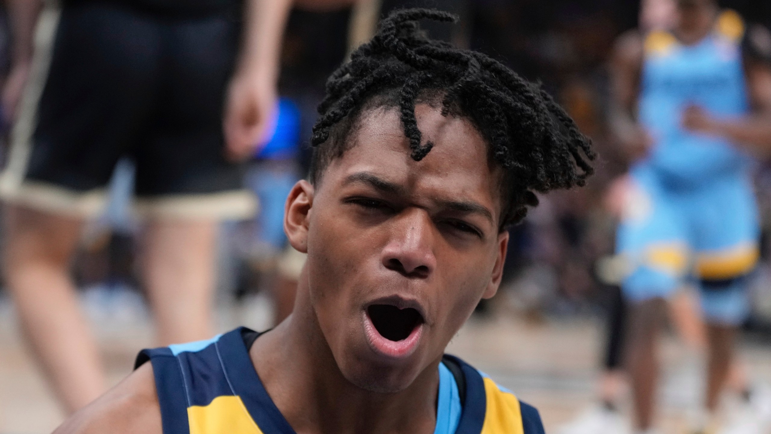 Marquette's Damarius Owens reacts after making a shot and being fouled during the first half of an NCAA college basketball game Tuesday, Nov. 19, 2024, in Milwaukee. (AP Photo/Morry Gash)