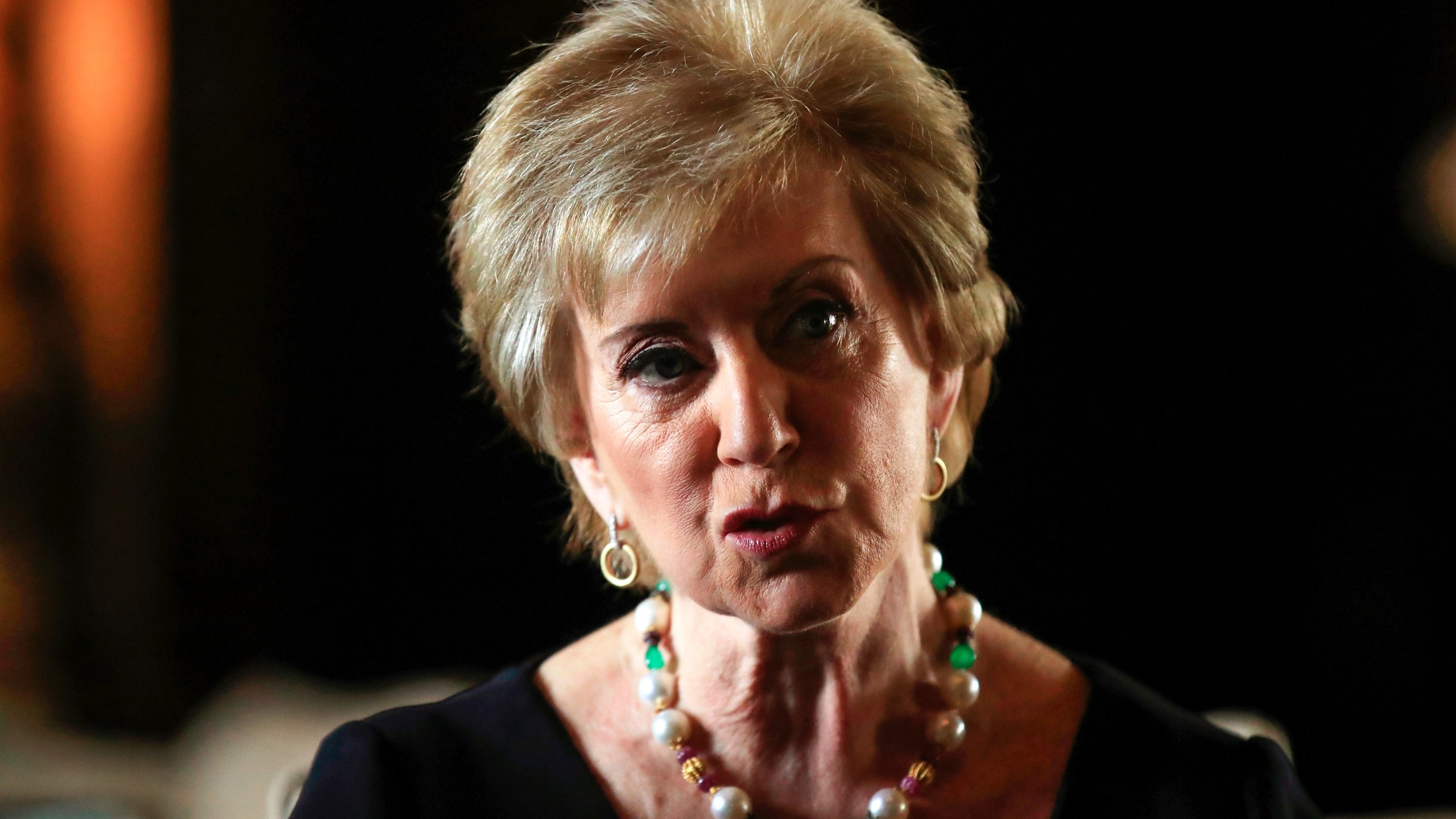 FILE - Small Business Administration Administrator Linda McMahon speaks during a news conference with President Donald Trump in Trump's Mar-a-Lago estate in Palm Beach, Fla., March 29, 2019. (AP Photo/Manuel Balce Ceneta, File)