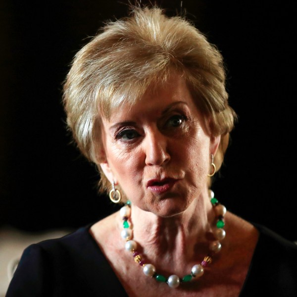 FILE - Small Business Administration Administrator Linda McMahon speaks during a news conference with President Donald Trump in Trump's Mar-a-Lago estate in Palm Beach, Fla., March 29, 2019. (AP Photo/Manuel Balce Ceneta, File)