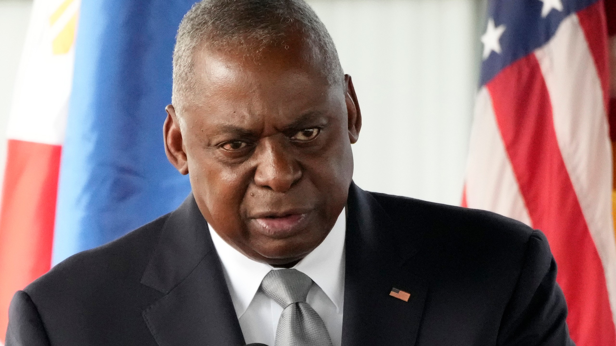 U.S. Defense Secretary Lloyd Austin delivers a speech during a groundbreaking ceremony for the Combined Coordination Center at Camp Aguinaldo military headquarters in Quezon City, Philippines Monday, Nov. 18, 2024. (AP Photo/Aaron Favila)