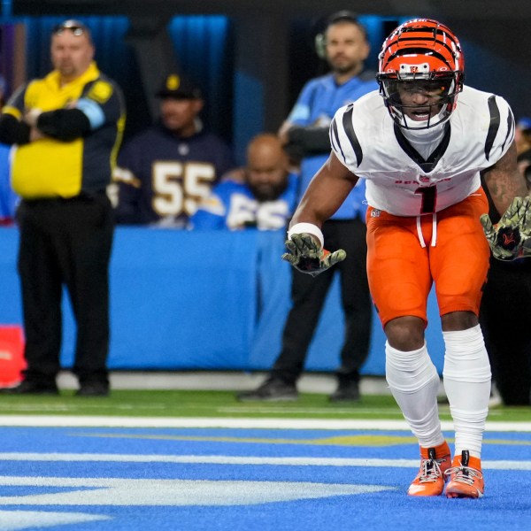 Cincinnati Bengals wide receiver Ja'Marr Chase celebrates his touchdown catch during the second half of an NFL football game against the Los Angeles Chargers Sunday, Nov. 17, 2024, in Inglewood, Calif. (AP Photo/Eric Thayer)