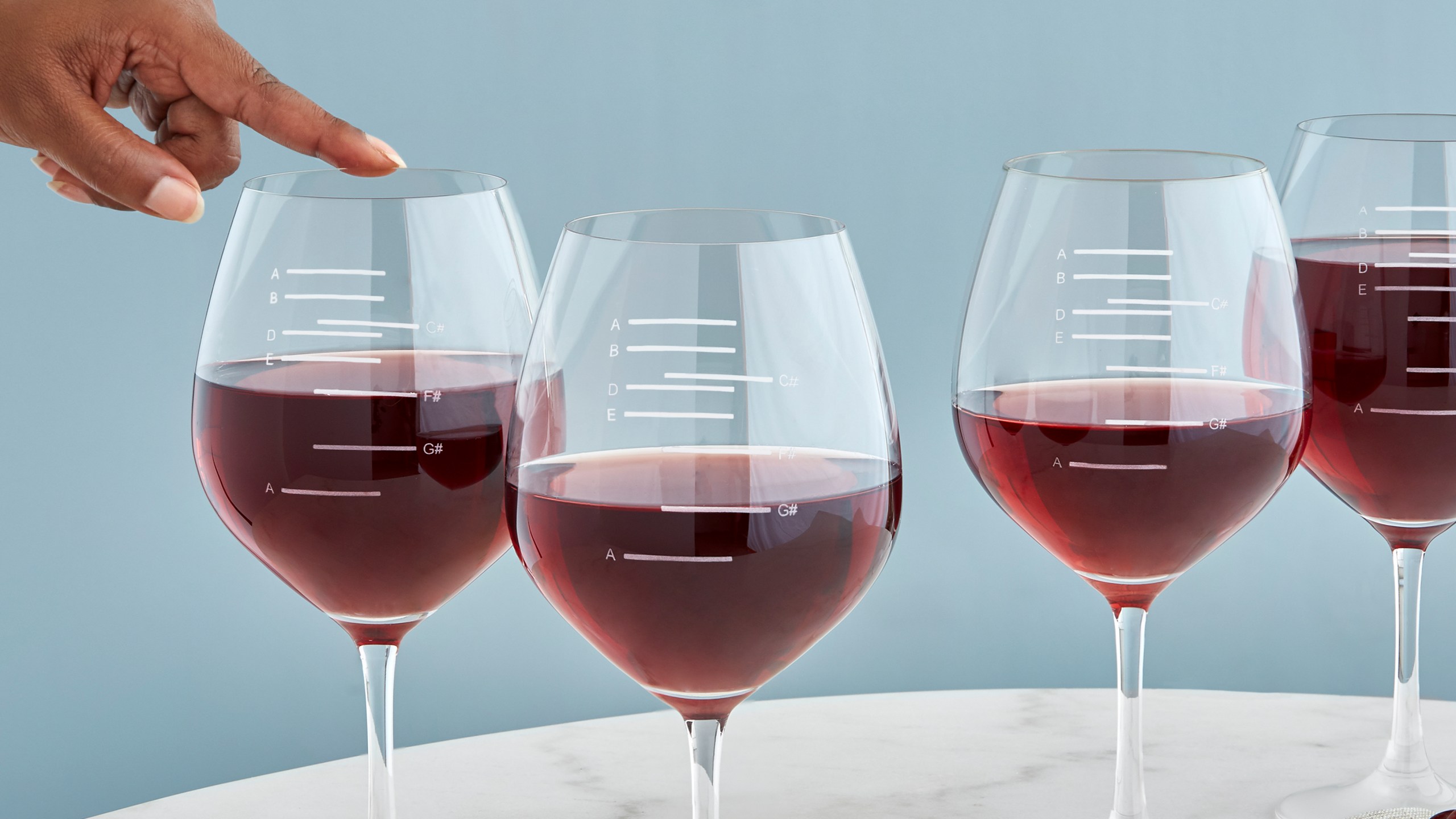 This product image released by Uncommon Goods shows Major Scale Musical Wine Glasses. (Uncommon Goods via AP)