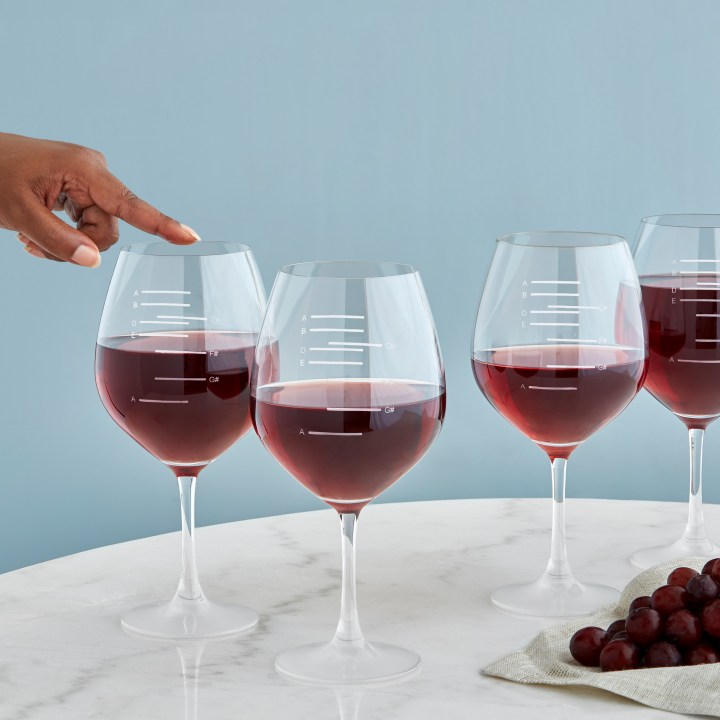 This product image released by Uncommon Goods shows Major Scale Musical Wine Glasses. (Uncommon Goods via AP)