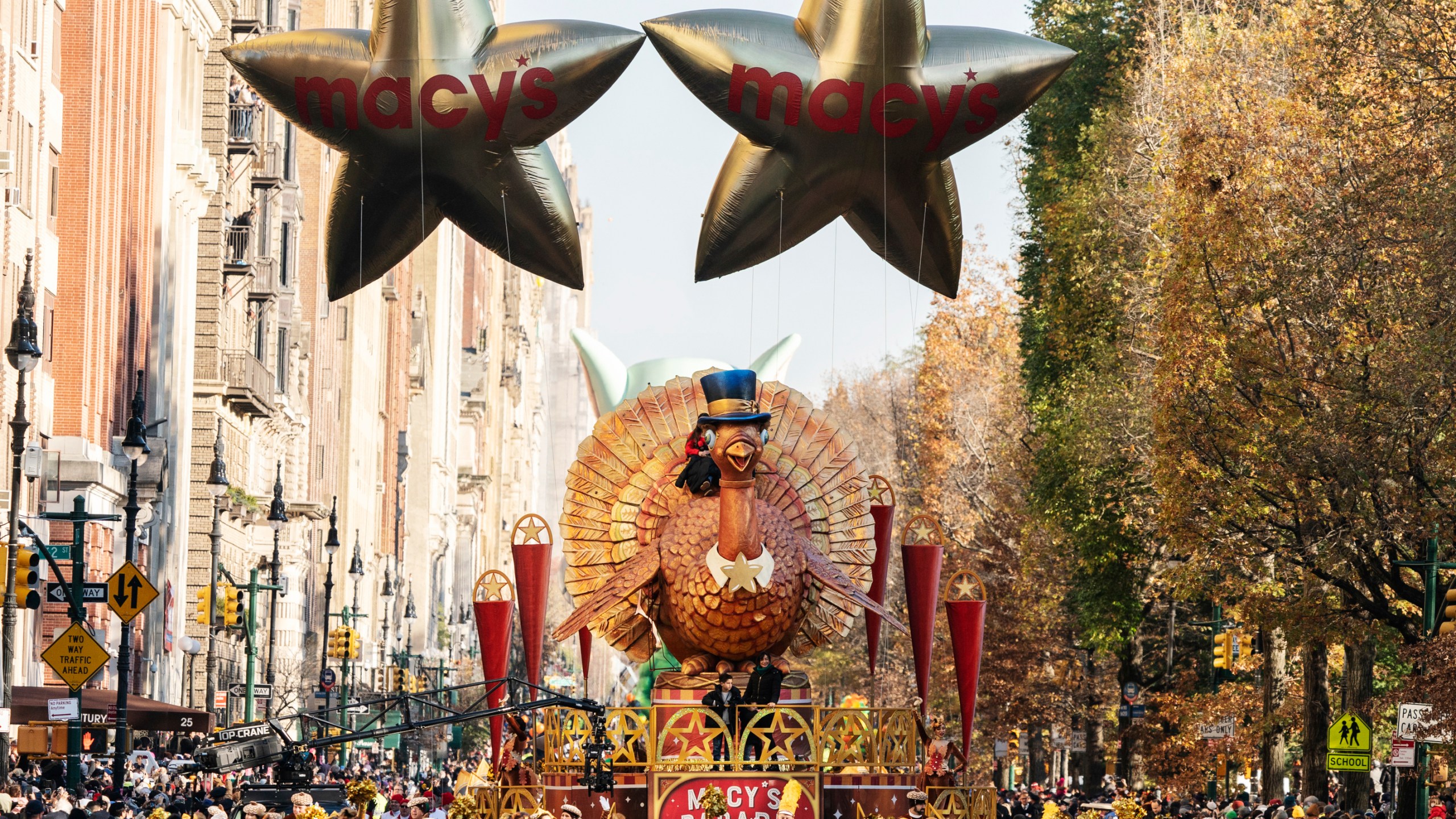 FILE - The Tom Turkey float leads the way down Central Park West during the Macy's Thanksgiving Day Parade on Nov. 24, 2022, in New York. (AP Photo/Jeenah Moon, File)