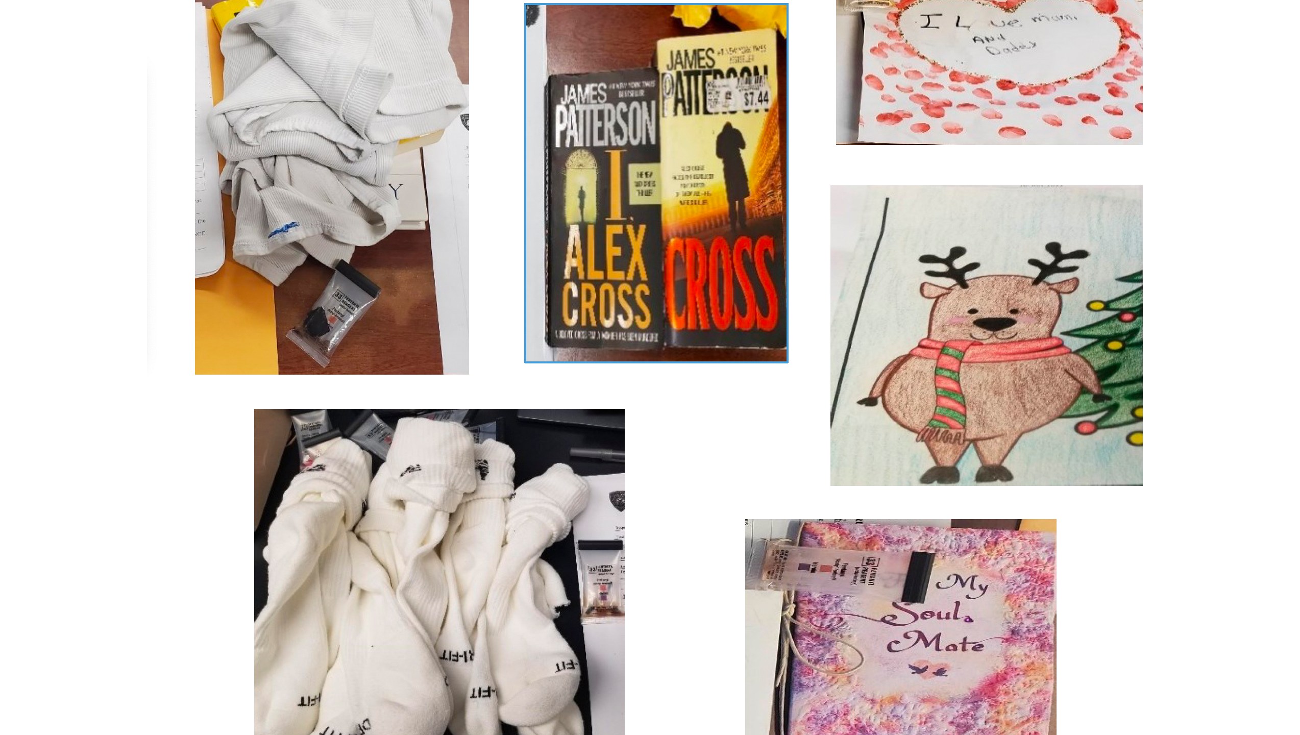 These 2022 undated images show examples of items from the mailroom at the Rikers Island jail in New York that field-tested positive for fentanyl. Results from retesting later at a lab of the t-shirts and reindeer drawing showed no traces of the drug. (New York City Department of Investigation via AP.)