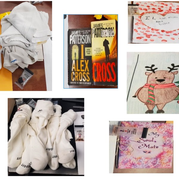 These 2022 undated images show examples of items from the mailroom at the Rikers Island jail in New York that field-tested positive for fentanyl. Results from retesting later at a lab of the t-shirts and reindeer drawing showed no traces of the drug. (New York City Department of Investigation via AP.)