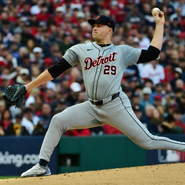 FILE - Detroit Tigers' Tarik Skubal pitches during a baseball game, Oct. 7, 2024, in Cleveland. (AP Photo/Phil Long, File)