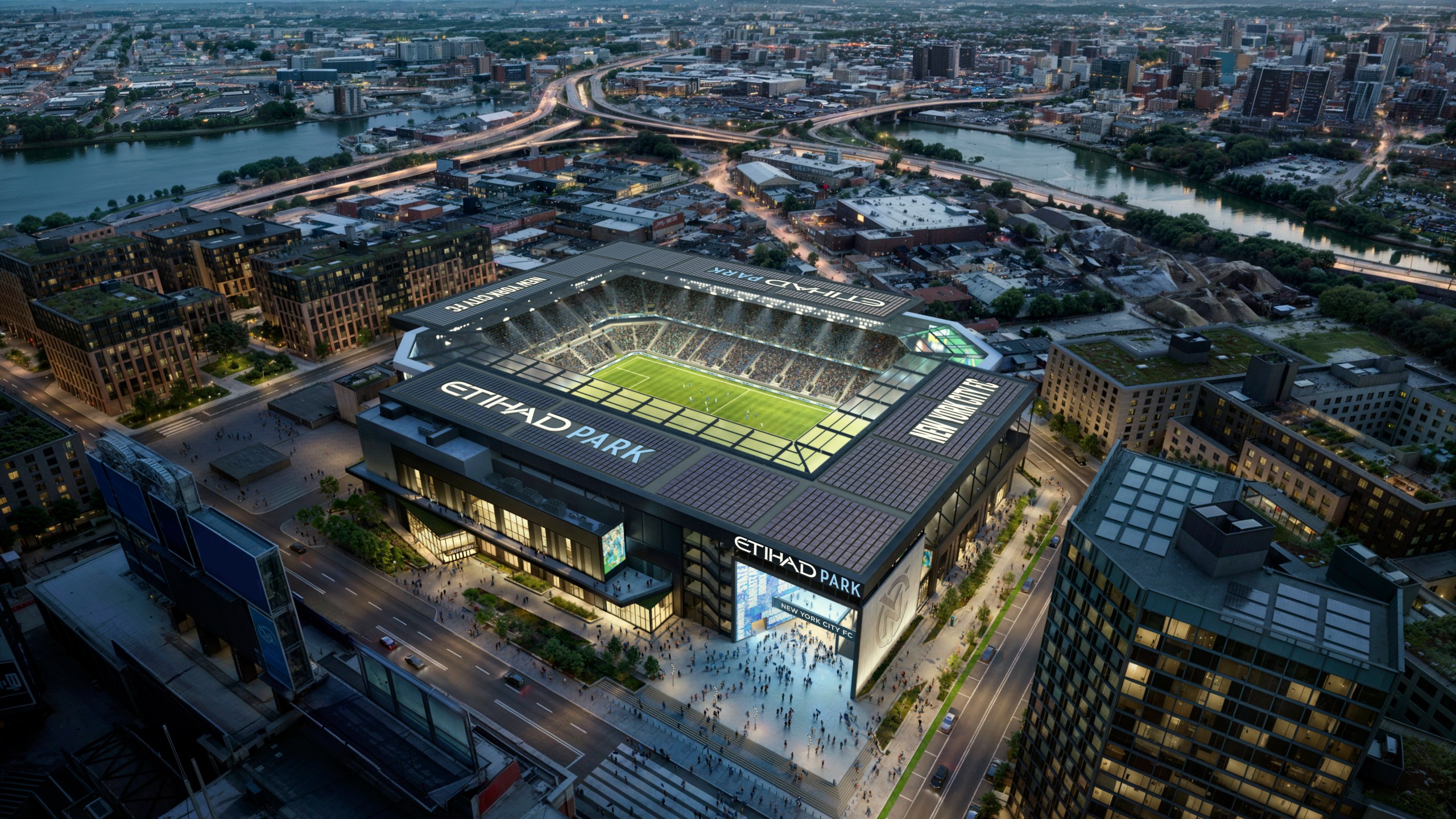 EMBARGOED UNTIL 9AM ET THURSDAY, NOV. 21 - This artists rendering provided by New York City FC shows the MLS soccer team's $780 million, 25,000-seat venue that it intends to open next to the Mets' Citi Field in New York in 2027. (HOK/NYCFC via AP)