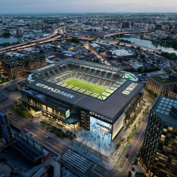 EMBARGOED UNTIL 9AM ET THURSDAY, NOV. 21 - This artists rendering provided by New York City FC shows the MLS soccer team's $780 million, 25,000-seat venue that it intends to open next to the Mets' Citi Field in New York in 2027. (HOK/NYCFC via AP)