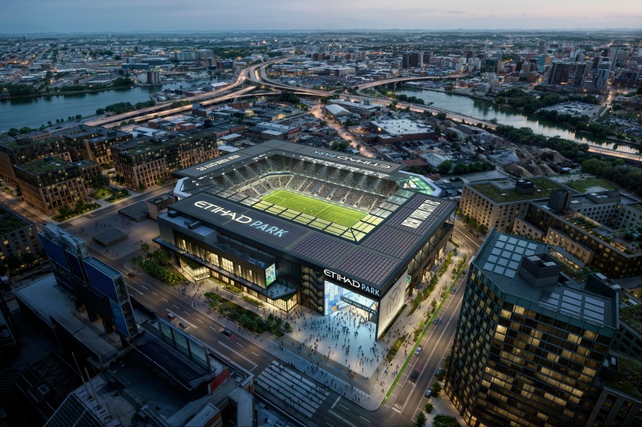 EMBARGOED UNTIL 9AM ET THURSDAY, NOV. 21 - This artists rendering provided by New York City FC shows the MLS soccer team's $780 million, 25,000-seat venue that it intends to open next to the Mets' Citi Field in New York in 2027. (HOK/NYCFC via AP)