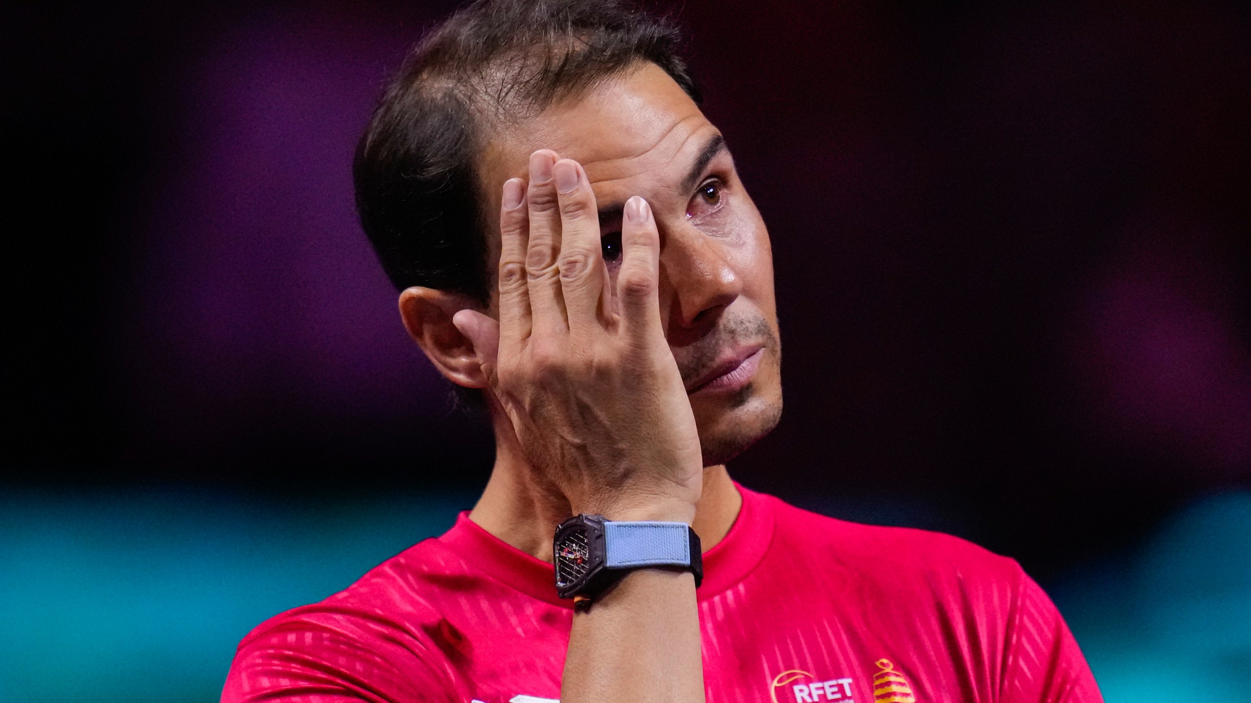 Spain's Rafael Nadal during a tribute after playing his last match as a professional tennis player in the Davis Cup quarterfinals at the Martin Carpena Sports Hall in Malaga, southern Spain, on early Wednesday, Nov. 20, 2024. (AP Photo/Manu Fernandez)