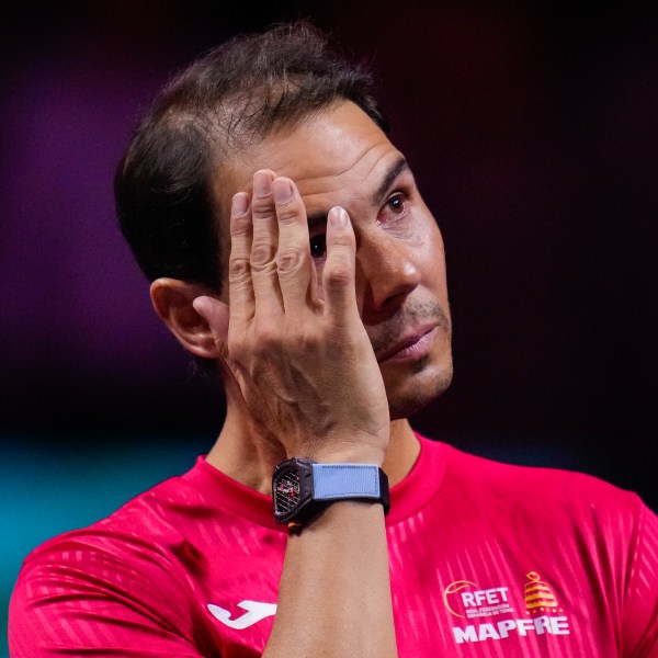 Spain's Rafael Nadal during a tribute after playing his last match as a professional tennis player in the Davis Cup quarterfinals at the Martin Carpena Sports Hall in Malaga, southern Spain, on early Wednesday, Nov. 20, 2024. (AP Photo/Manu Fernandez)