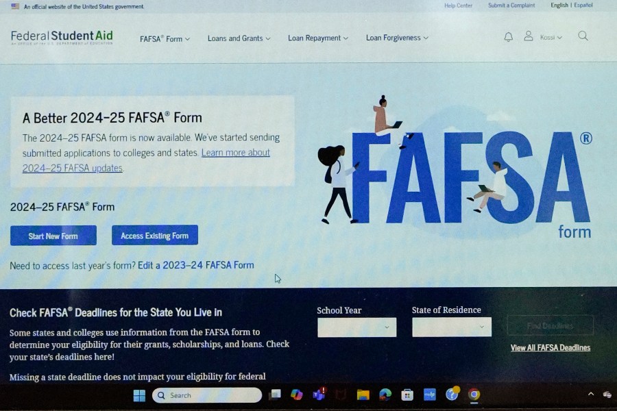 FILE - FAFSA website is seen on Adjovi Golo's laptop at DePaul University in Chicago, Aug. 28, 2024. (AP Photo/Nam Y. Huh, File)