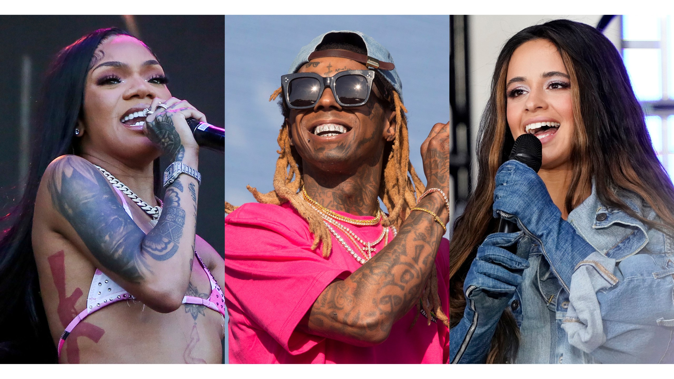 This combination of photos shows GloRilla performing at the Austin City Limits Music Festival in Texas on Oct. 13, 2023, Lil Wayne performing at the 2018 Firefly Music Festival in Dover, Del., on June 16, 2018, center, and Camila Cabello performs on NBC's "Today" show in New York on April 12, 2022. (AP Photo)