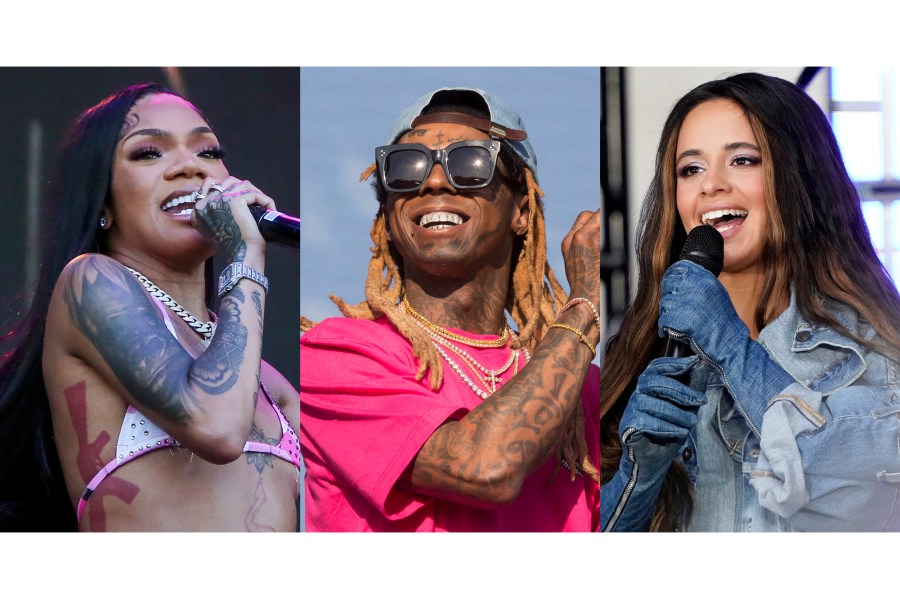 This combination of photos shows GloRilla performing at the Austin City Limits Music Festival in Texas on Oct. 13, 2023, Lil Wayne performing at the 2018 Firefly Music Festival in Dover, Del., on June 16, 2018, center, and Camila Cabello performs on NBC's "Today" show in New York on April 12, 2022. (AP Photo)