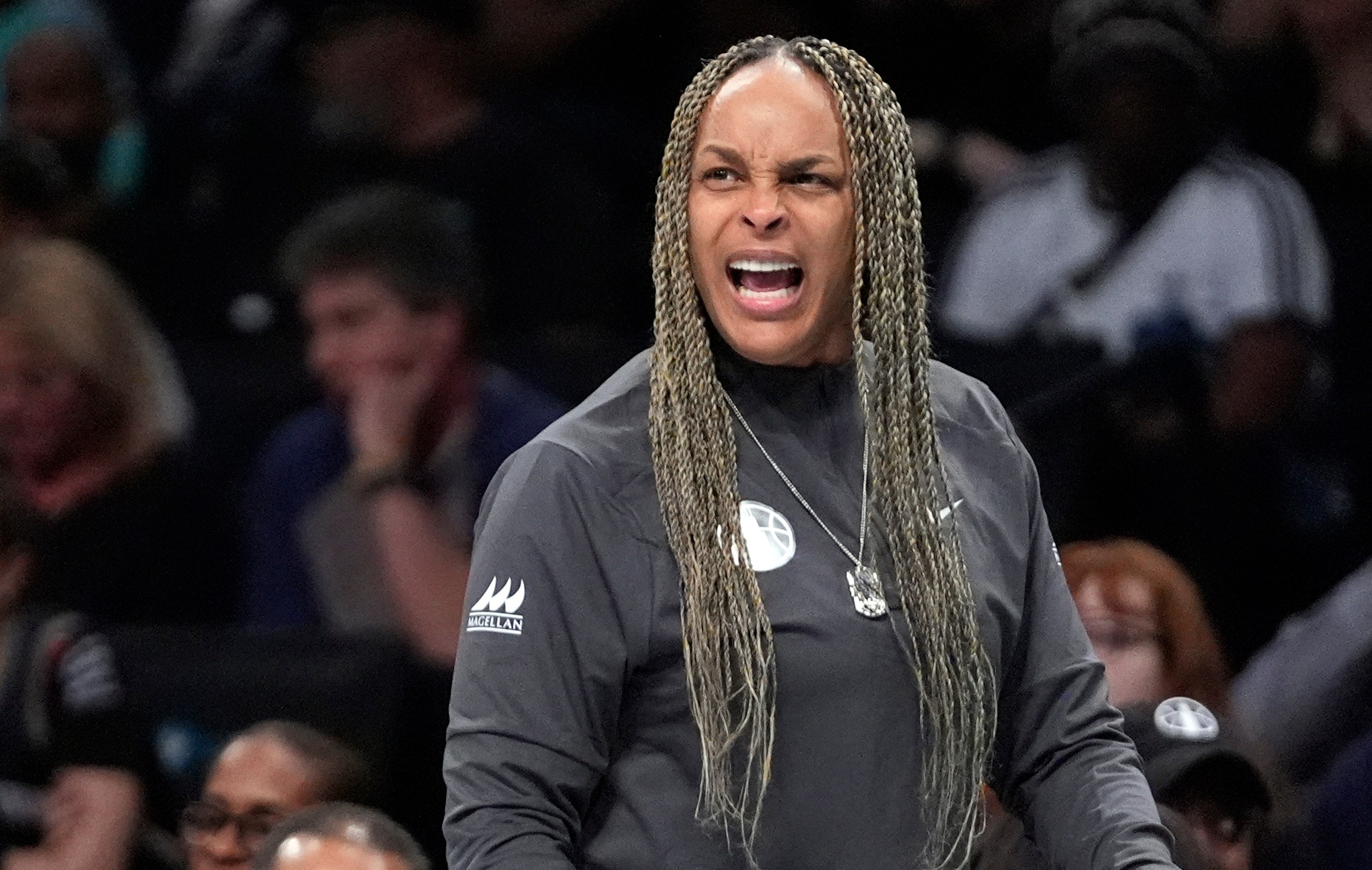 FILE - Chicago Sky coach Teresa Weatherspoon calls out to players during the first half of the team's WNBA basketball game against the New York Liberty, May 23, 2024, in New York. (AP Photo/Frank Franklin II, File)