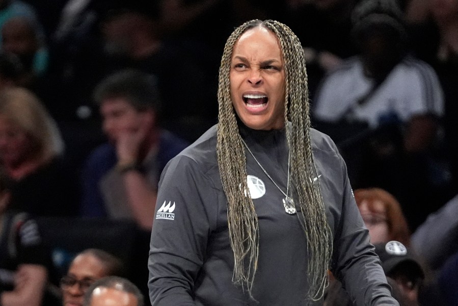 FILE - Chicago Sky coach Teresa Weatherspoon calls out to players during the first half of the team's WNBA basketball game against the New York Liberty, May 23, 2024, in New York. (AP Photo/Frank Franklin II, File)